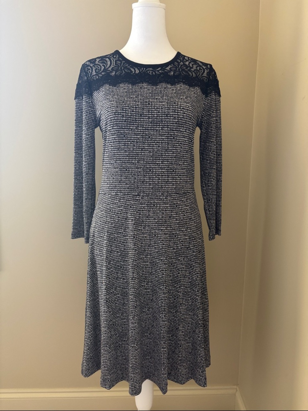 MICHAEL Michael Kors Black and White Lace-Yoke Long Sleeve Fit & Flare Dress